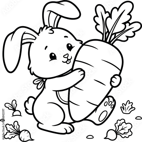 Cute cartoon rabbit holding a large beetroot in a playful garden scene