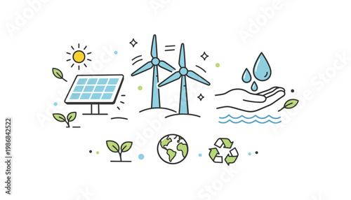 Eco friendly icon set with solar panel and wind turbines illustration
