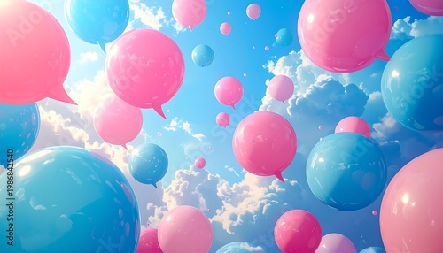 A whimsical scene of colorful balloons floating in a bright blue sky