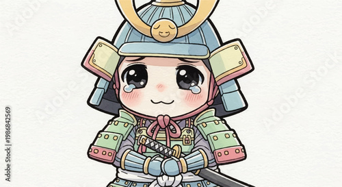Cute cartoon samurai kawaii character.