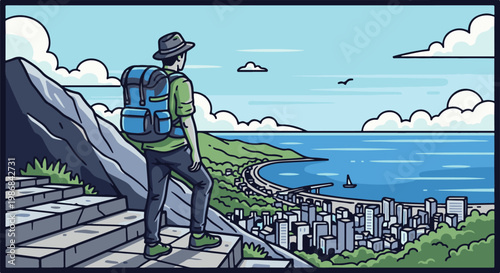 Hiker with backpack on steps overlooks city, coast, and ocean