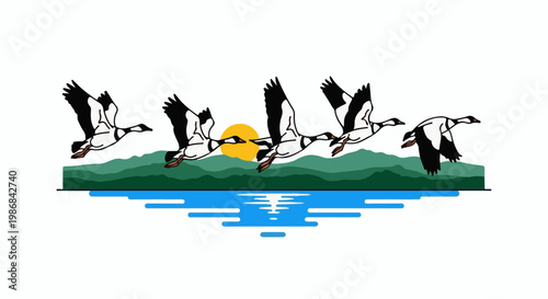 Five geese fly over green hills and a bright sun reflected in water