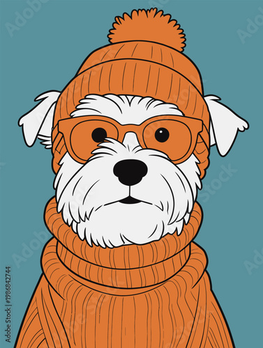 Stylish Dog Wearing Orange Winter Outfit Illustration