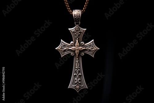 Gothic style sterling silver christian cross pendant on a chain against a dark background