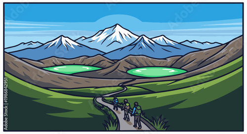 Hikers trek along a path toward snow-capped mountains and two lakes