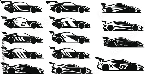 Collection of racing cars in black and white illustrations