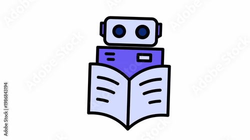 Animated icon of a robot character reading an open book symbolizing AI learning and digital education. Robot Reading Book Icon for Artificial Intelligence and Machine Learning Concept.
