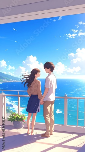 A young couple stands on a balcony overlooking the ocean