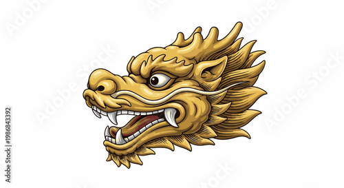 Fierce golden dragon head with sharp fangs and flowing mane