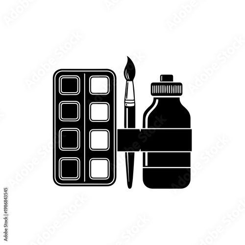 A paint palette, brush, and bottle of paint