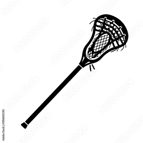 A black lacrosse stick with a net on a white background