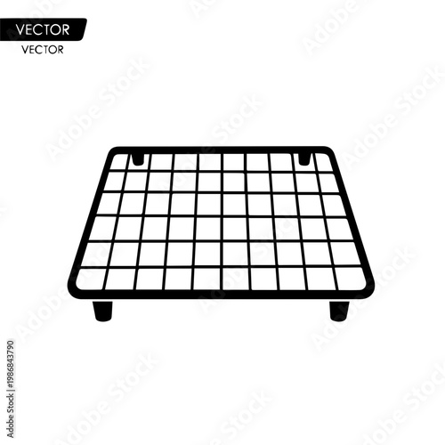 A black metal grid tray with small feet