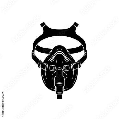 A black gas mask with straps and a filter