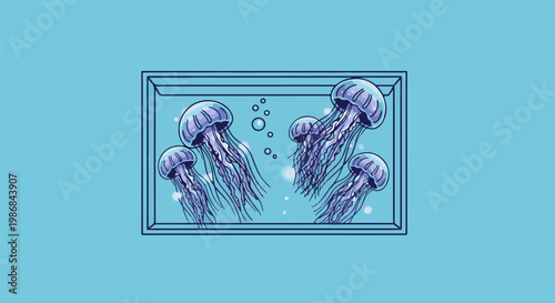 Five purple jellyfish swim in a blue tank with bubbles