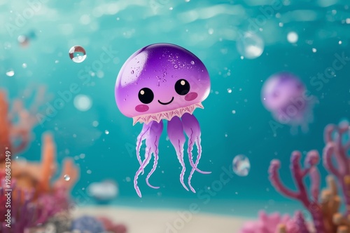 Cute cartoon purple jellyfish swimming underwater in coral reef