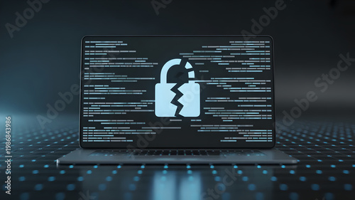 Laptop with Cracked Digital Padlock Icon: Concept of Data Breach, Cyber Attack, and Network Security Vulnerability