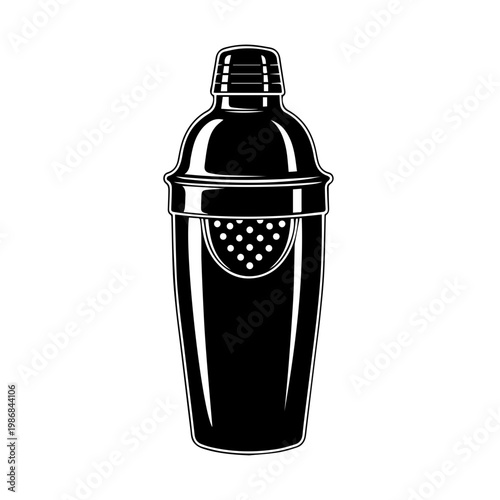 A black cocktail shaker with a strainer