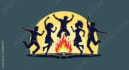 Five silhouetted figures joyfully jumping around a vibrant campfire under a large yellow sun