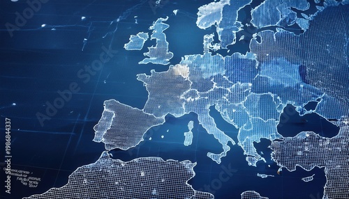 Tactical map of Europe with wireframe grid and blue background for strategic analysis and navigation