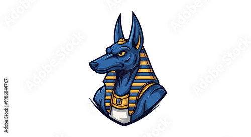 Fierce blue jackal deity with golden headdress and collar, ancient Egyptian