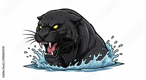 Fierce black panther emerging from splashing water with glowing eyes