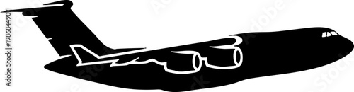 Black silhouette of a heavy cargo transport aircraft on white