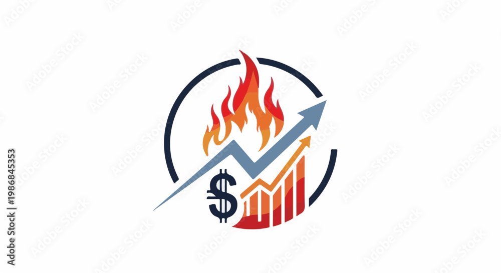 Obraz premium Flaming arrow and dollar sign with upward trending bar graph within circle