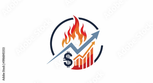 Flaming arrow and dollar sign with upward trending bar graph within circle