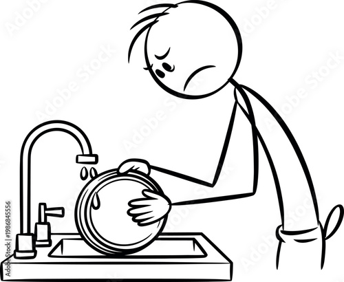 Man washing plate in sink with sad expression  housework chore