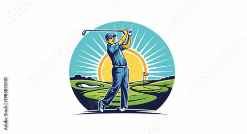 Golfer swings club on sunny green course with flag on hole