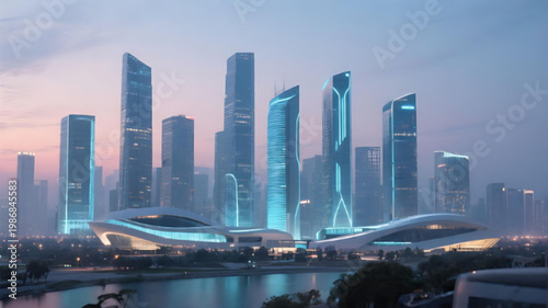 A futuristic cityscape with sleek skyscrapers and modern architecture at dusk