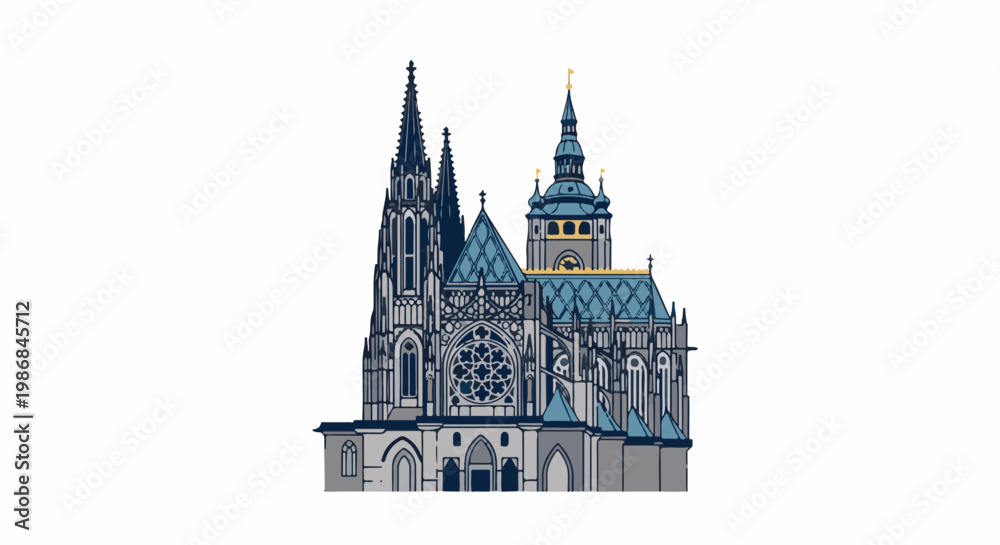 Obraz premium Gothic cathedral with spires and a rose window, blue roof