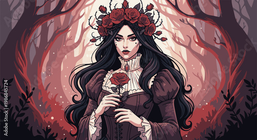 Gothic woman with rose crown and dress in a dark, misty forest