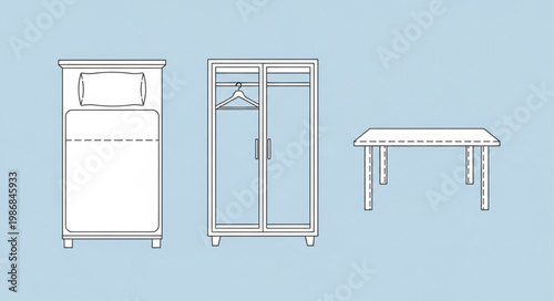 Simple line drawing of bedroom furniture on a blue background.