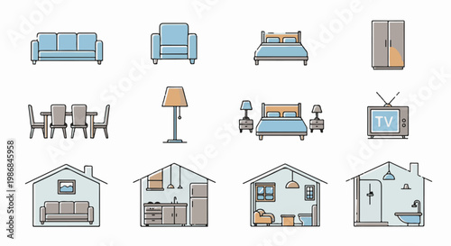 Flat icons of home furnishings and room interiors