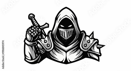 Hooded warrior figure in armor holding a sword with sharp pauldrons