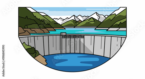 Flat illustration of a large concrete dam holding back a turquoise lake