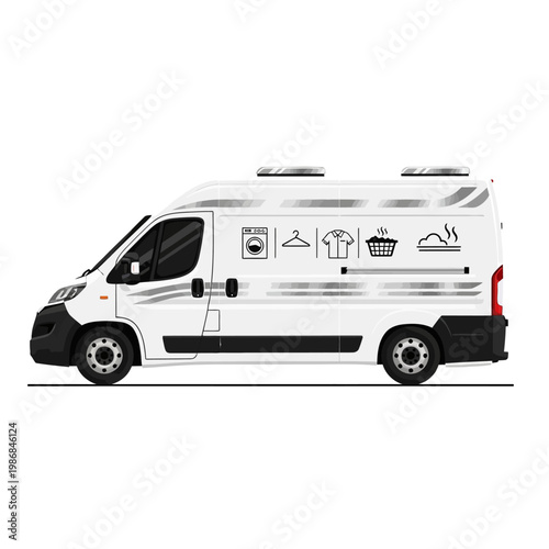 White Laundry Service Van with Icons - Mobile Dry Cleaning Delivery
