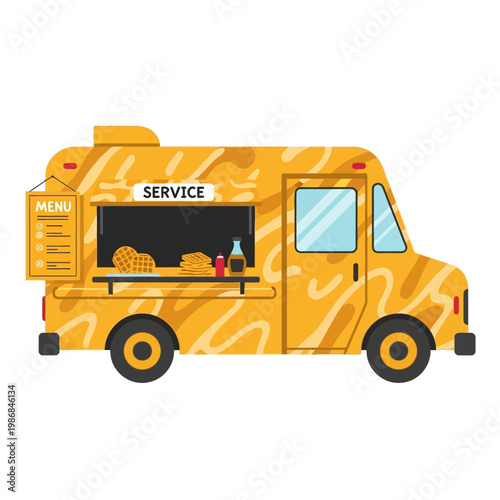Yellow food truck with waffles and condiments, serving street food with a menu