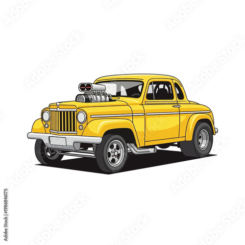 Yellow vintage hot rod coupe with supercharger, custom car illustration