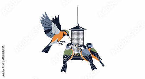 Flock of birds eating seeds from a feeder