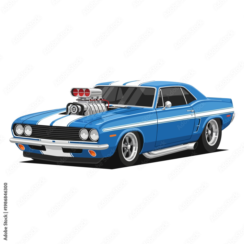 Obraz premium Blue Classic Muscle Car with Supercharger and White Stripes, Isolated