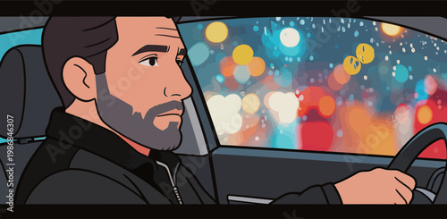 Man Driving in a Car at Night with City Lights