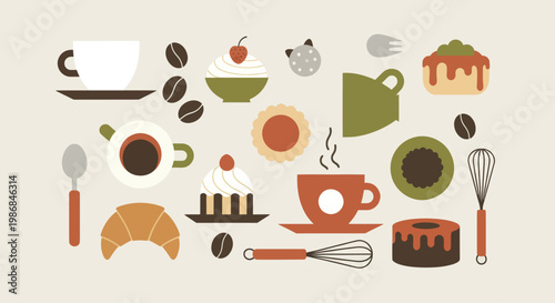 Assortment of Coffee, Pastries, and Baking Utensils Flat Lay.