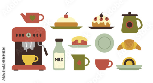 Assortment of breakfast items including coffee maker, pastries, and milk.