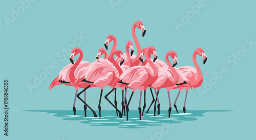 Flock of vibrant pink flamingos wading in tranquil blue water