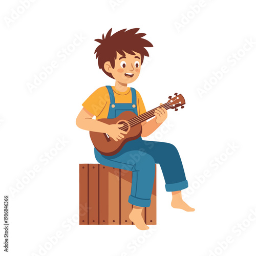 Boy Playing Ukulele Sitting on Wooden Crate, Happy Music Fun