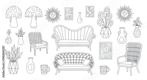 Bohemian Home Decor Elements Line Art Collection.