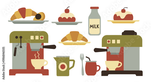 Coffee machine with croissants and pastries for breakfast.