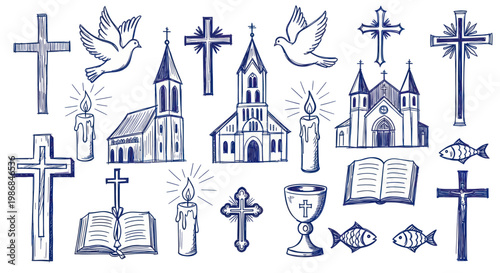 Christian Religious Symbols and Churches Hand Drawn Sketch Collection.